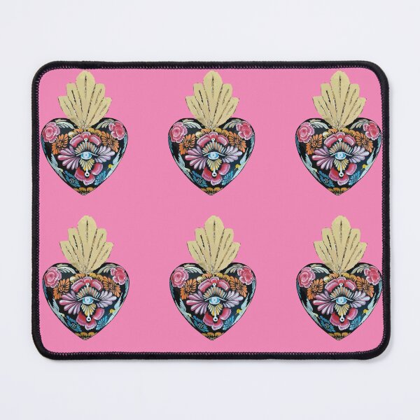 Item preview, Mexican wooden heart Oaxacan wood carving hand painted flower evil eye milagrito folk art interior design pastel pink decoration designed and sold by T-Mex.