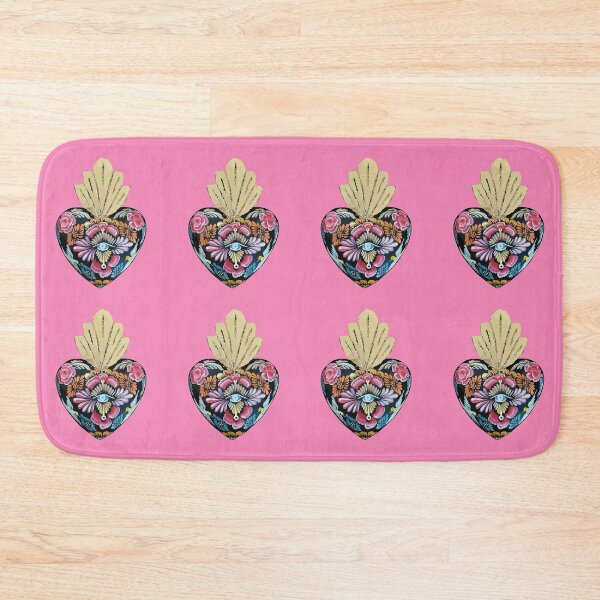Item preview, Mexican wooden heart Oaxacan wood carving hand painted flower evil eye milagrito folk art interior design pastel pink decoration designed and sold by T-Mex.