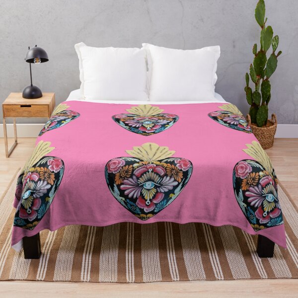 Item preview, Mexican wooden heart Oaxacan wood carving hand painted flower evil eye milagrito folk art interior design pastel pink decoration designed and sold by T-Mex.