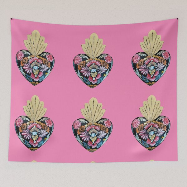 Item preview, Mexican wooden heart Oaxacan wood carving hand painted flower evil eye milagrito folk art interior design pastel pink decoration designed and sold by T-Mex.