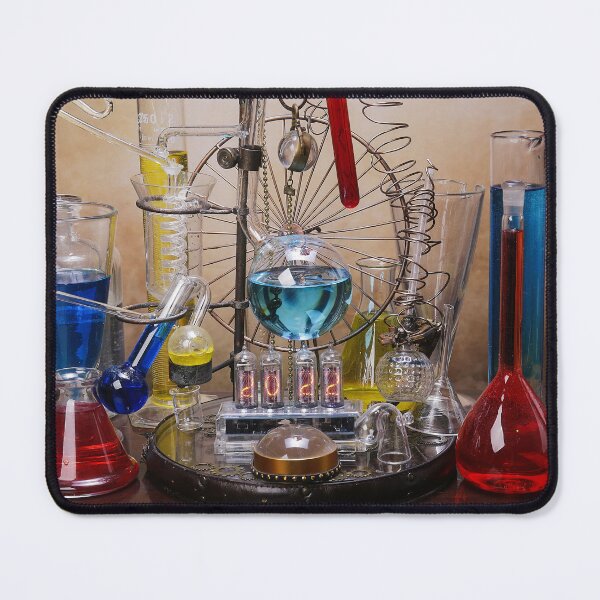 Item preview, Glasses and test tubes of alembic with nixie valves on the wooden table with year 2022 designed and sold by Cinzia Murgia.