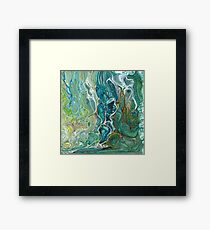 Poured acrylic paints green blues Framed Print