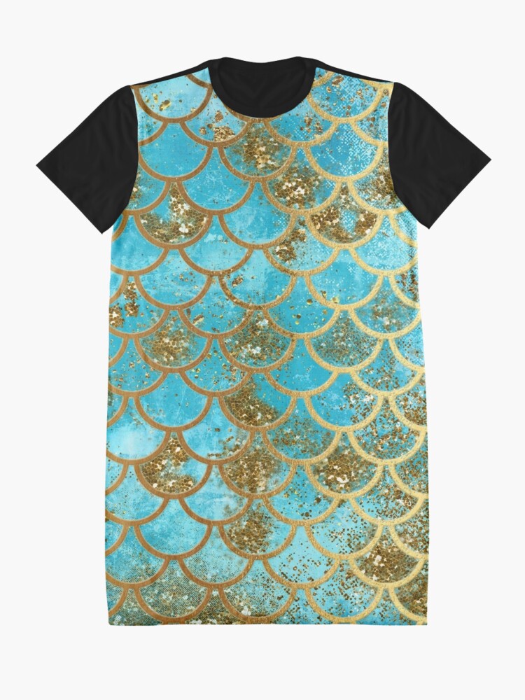 Alternate view of Teal, Gold Glitter and Blue Sparkle Faux Glitter Mermaid Scales Graphic T-Shirt Dress