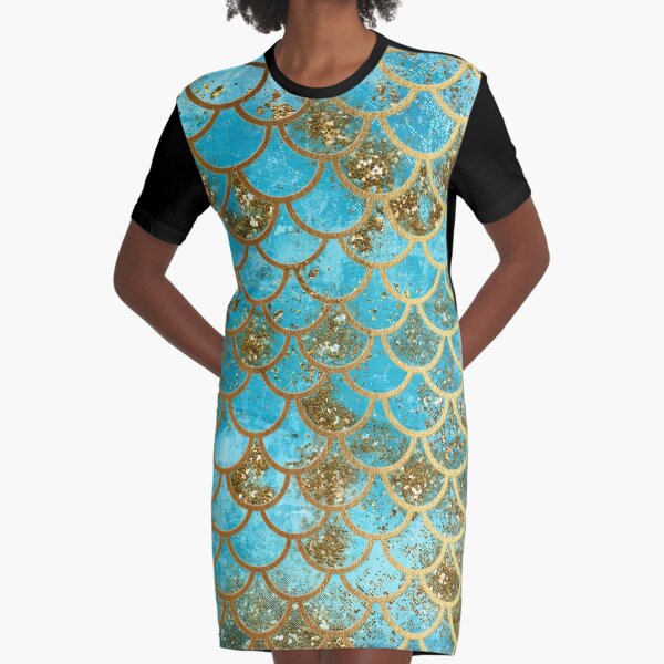 Teal, Gold Glitter and Blue Sparkle Faux Glitter Mermaid Scales Graphic T-Shirt Dress