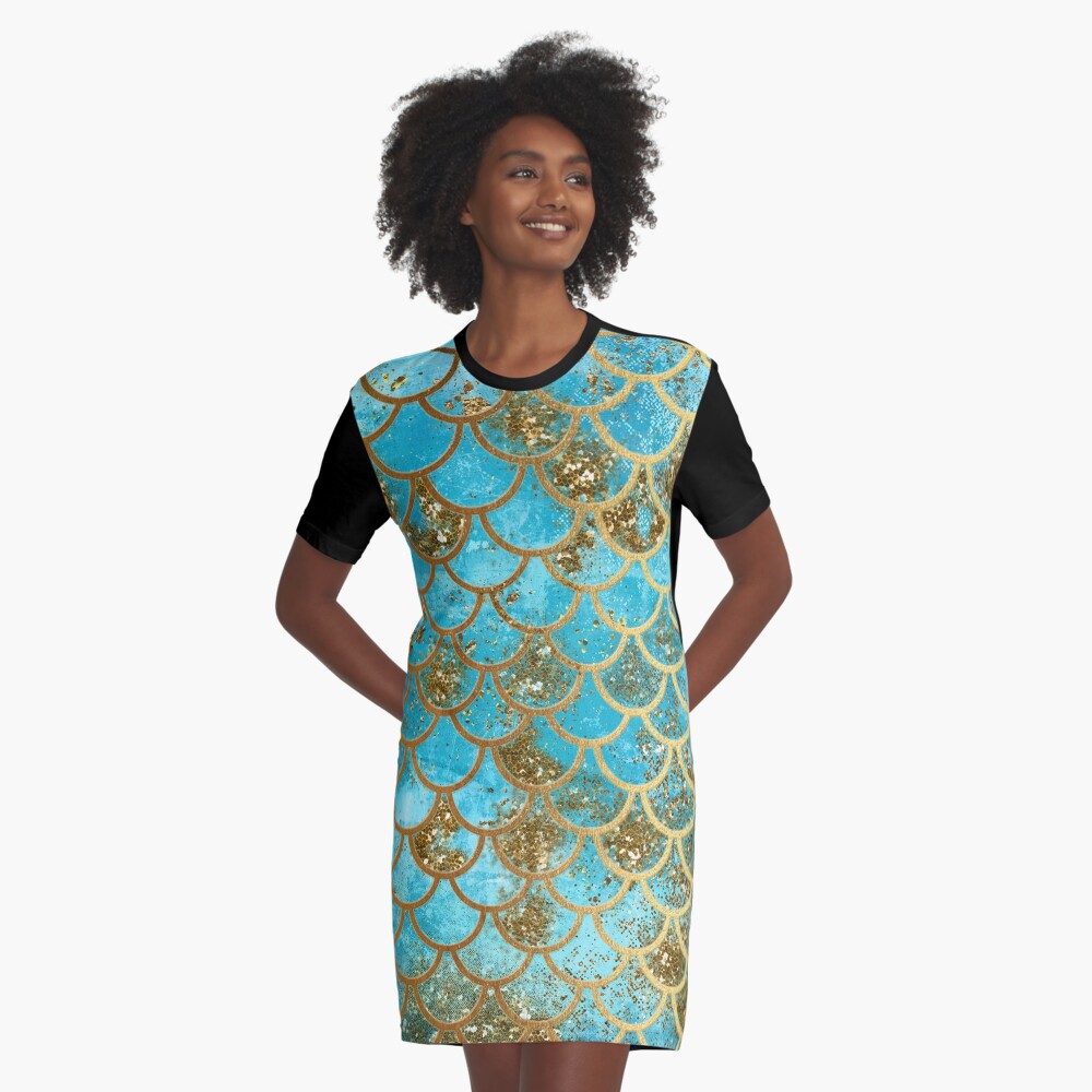 Teal, Gold Glitter and Blue Sparkle Faux Glitter Mermaid Scales Graphic T-Shirt Dress