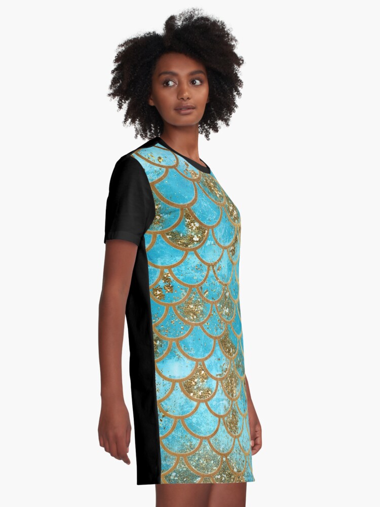 Alternate view of Teal, Gold Glitter and Blue Sparkle Faux Glitter Mermaid Scales Graphic T-Shirt Dress