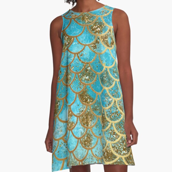 Teal, Gold Glitter and Blue Sparkle Faux Glitter Mermaid Scales A-Line Dress