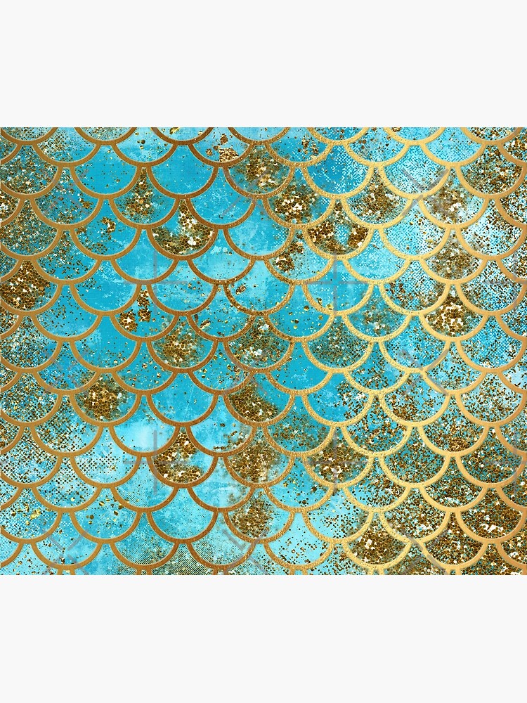 Teal, Gold Glitter and Blue Sparkle Faux Glitter Mermaid Scales by UtArt
