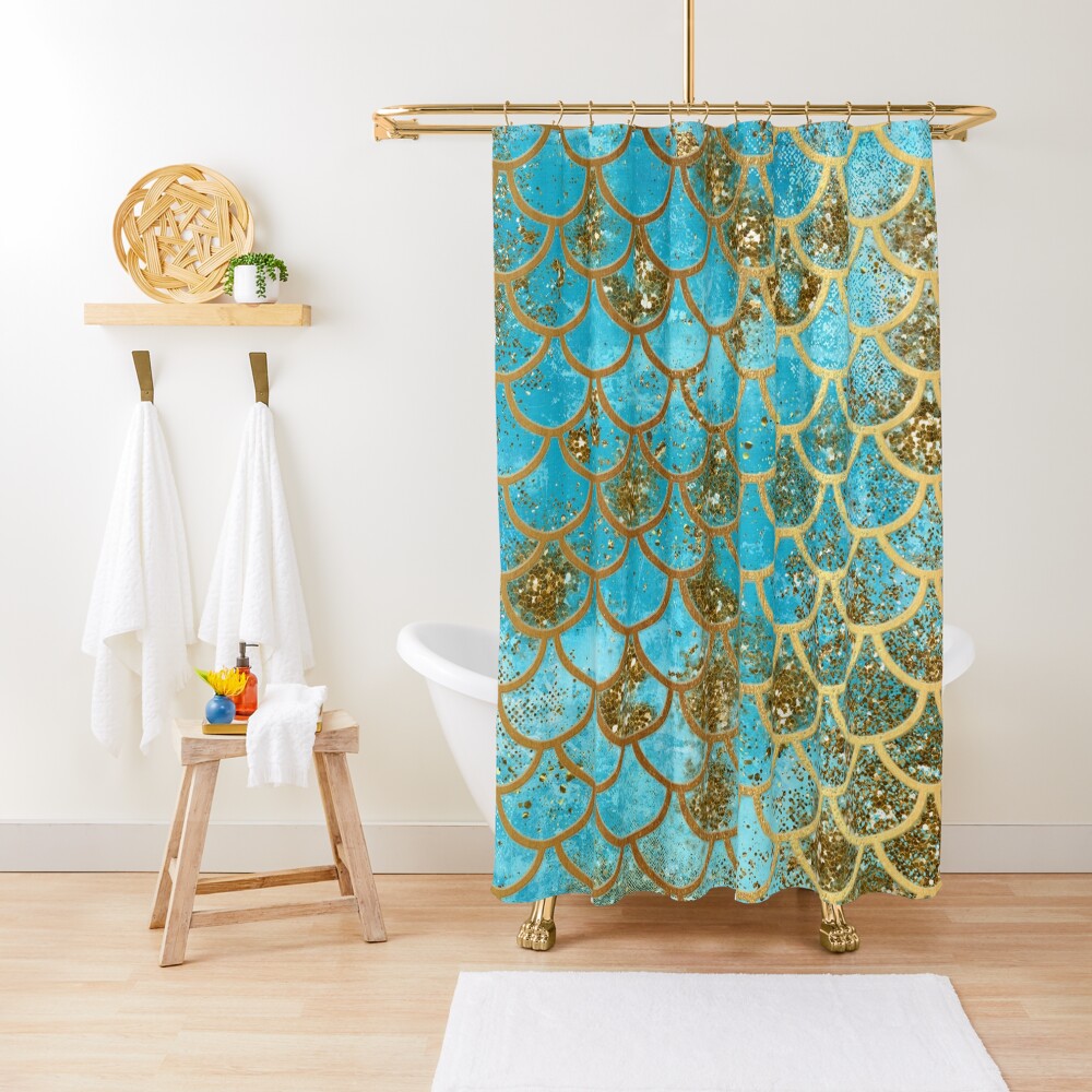 Teal, Gold Glitter and Blue Sparkle Faux Glitter Mermaid Scales Shower Curtain