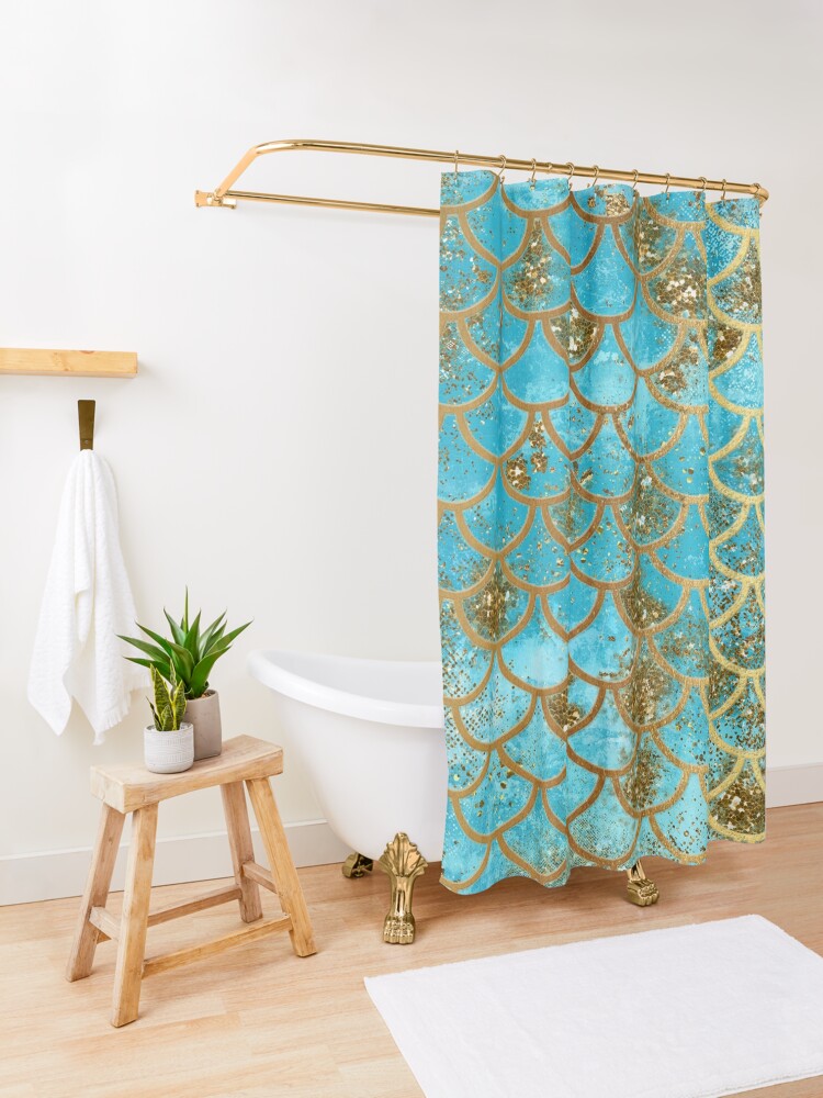 Alternate view of Teal, Gold Glitter and Blue Sparkle Faux Glitter Mermaid Scales Shower Curtain
