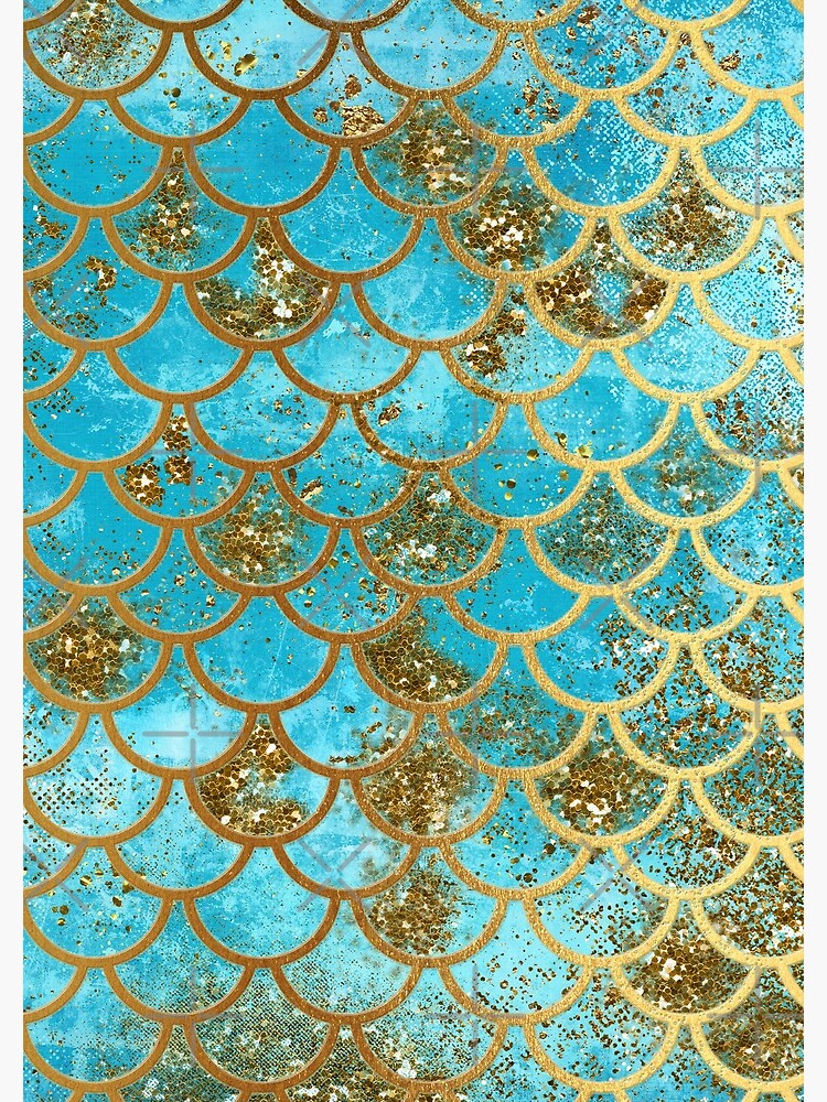 Teal, Gold Glitter and Blue Sparkle Faux Glitter Mermaid Scales by UtArt