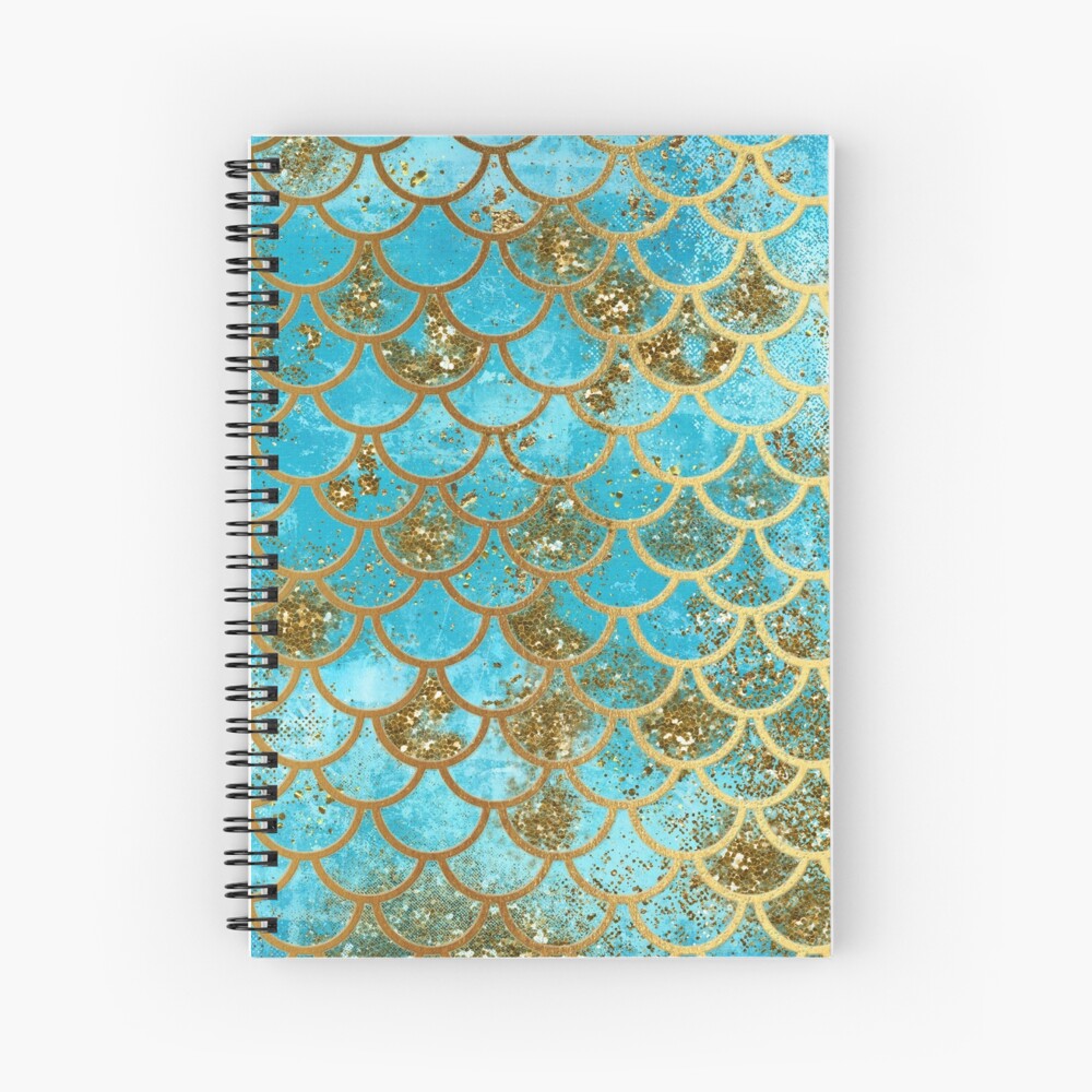 Teal, Gold Glitter and Blue Sparkle Faux Glitter Mermaid Scales Spiral Notebook