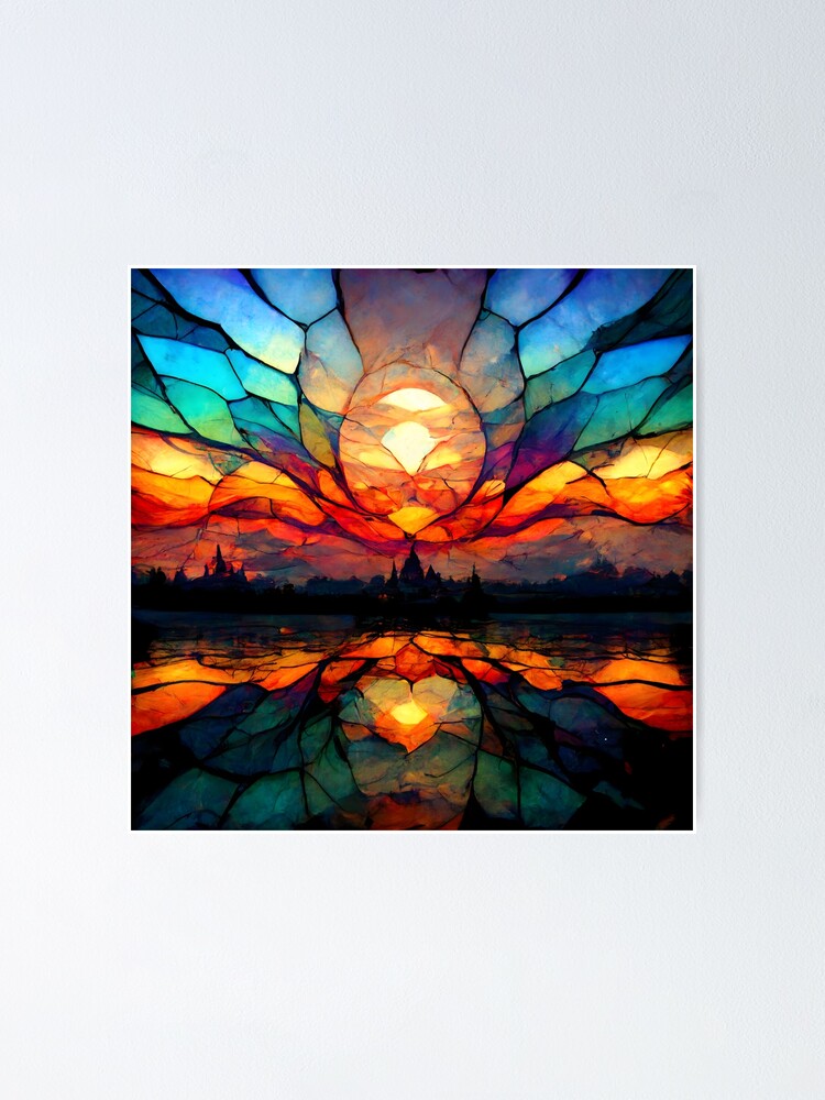 "Stained Glass Sunset Sky Landscape Art" Poster for Sale by