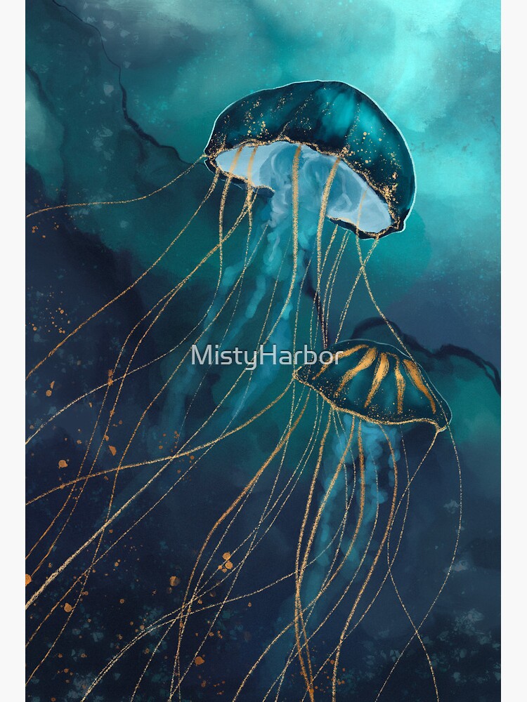 Jellyfish - Gold and Teal Turquoise Ocean Life Marine Deep Sea