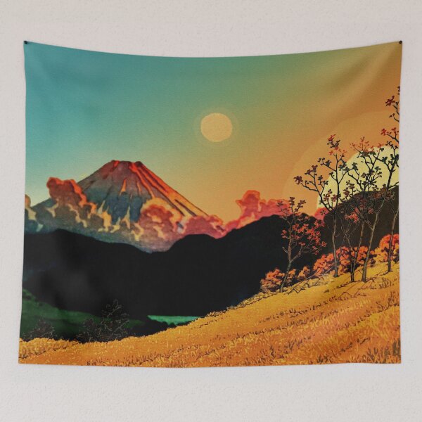 Item preview, New Year Morning in Shades of Orange and Blue - Nature Landscape of Mountain, Sun and Moon designed and sold by Kijiermono.