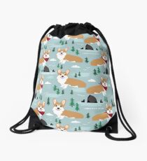 Corgi camping northwest oregon haystack rock cannon beach corgis Drawstring Bag