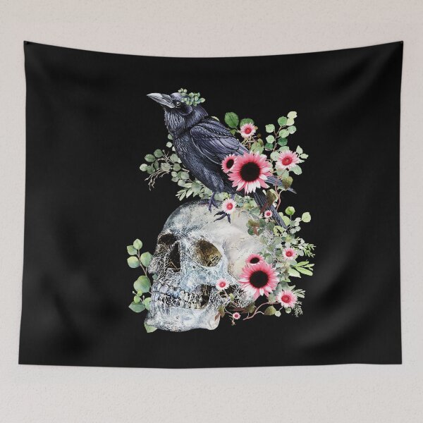 Item preview, Black raven with skull and leaves crow, skeleton leaves eucaliptus and pink sunflowers designed and sold by Collagedream.