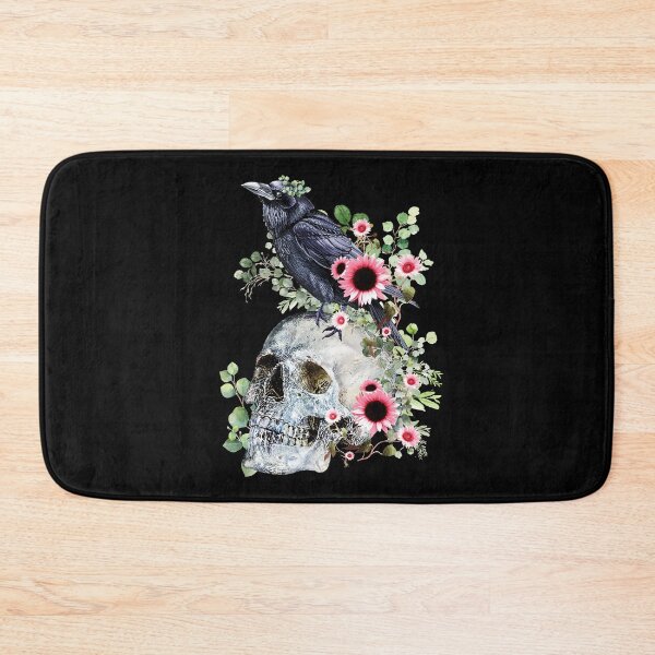 Item preview, Black raven with skull and leaves crow, skeleton leaves eucaliptus and pink sunflowers designed and sold by Collagedream.