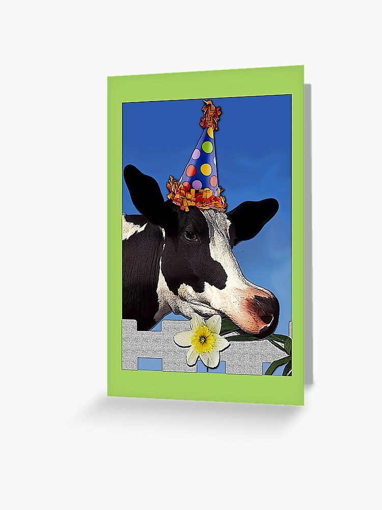 Carte De Vœux Vache D Anniversaire Party Animal Avec Chapeau Et Fleur Par Shoaffballanger Redbubble