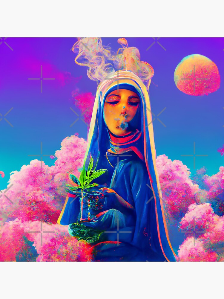 Thumbnail 3 of 3, Sticker, Our Lady of the Clouds - Cosmic Burning Bush 01 - Stoner Virgin Mary in the Sky designed and sold by annarreyes.