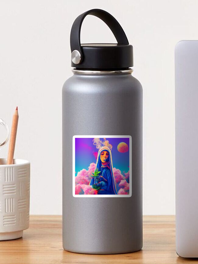 Thumbnail 1 of 3, Sticker, Our Lady of the Clouds - Cosmic Burning Bush 01 - Stoner Virgin Mary in the Sky designed and sold by annarreyes.