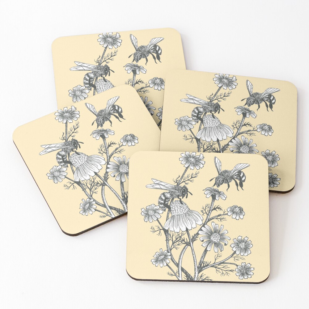 bees and chamomile on honey background Coasters (Set of 4)