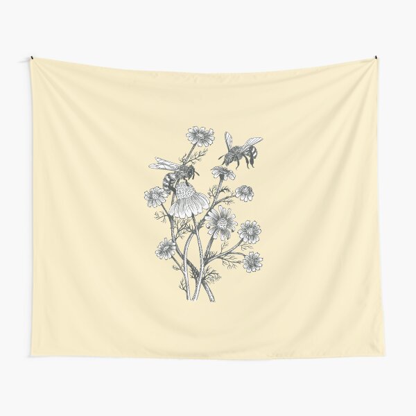 bees and chamomile on honey background Tapestry