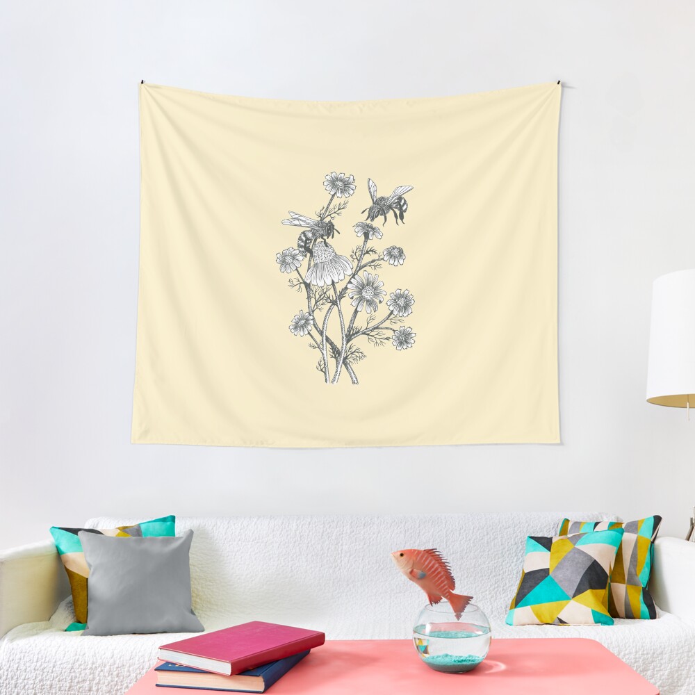 bees and chamomile on honey background Tapestry