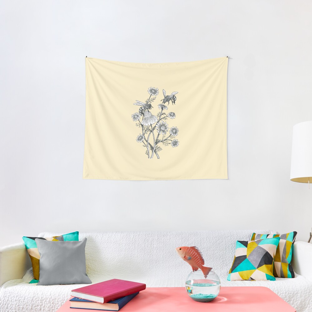 bees and chamomile on honey background Tapestry