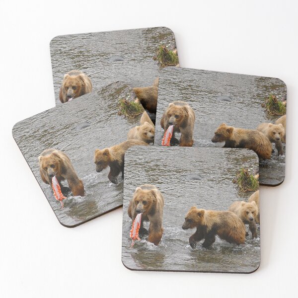 Item preview, Brown Bear mother with three cubs is catching a salmon at Brooks Falls in Katmai National Park in Alaska. - WelshDesigns designed and sold by welshdesigns.