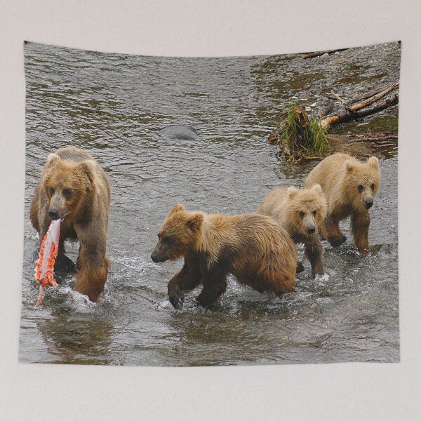 Item preview, Brown Bear mother with three cubs is catching a salmon at Brooks Falls in Katmai National Park in Alaska. - WelshDesigns designed and sold by welshdesigns.