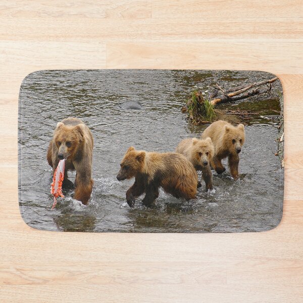 Item preview, Brown Bear mother with three cubs is catching a salmon at Brooks Falls in Katmai National Park in Alaska. - WelshDesigns designed and sold by welshdesigns.