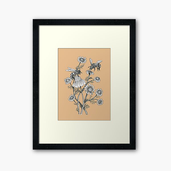 bees and chamomile on caramel background Framed Art Print