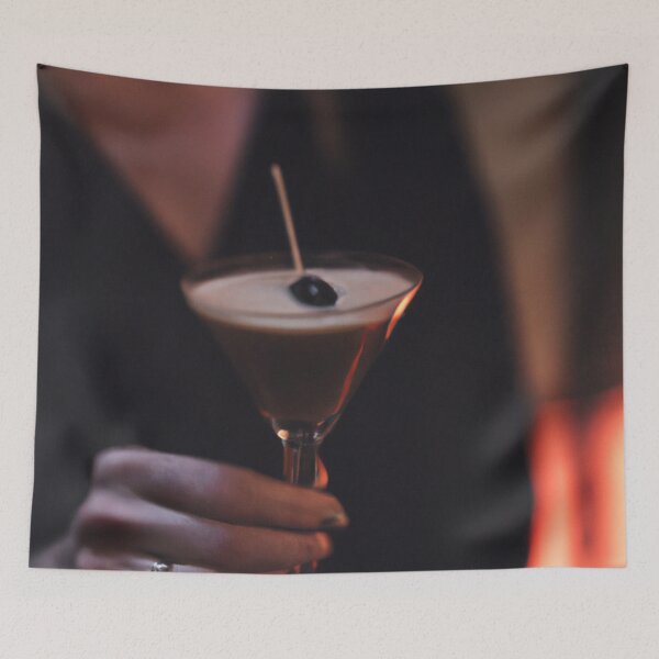 Item preview, a woman's hand holding an espresso martini in a moody bar photo designed and sold by xostarboyxo.