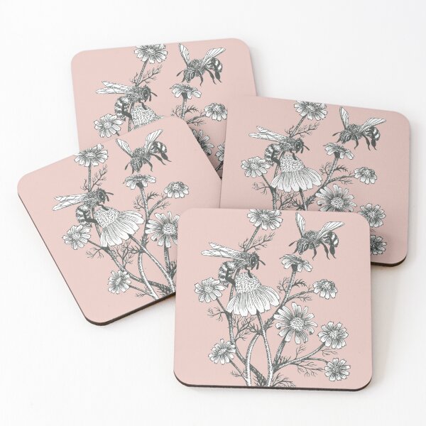 bees and chamomile on dusty pink background Coasters (Set of 4)