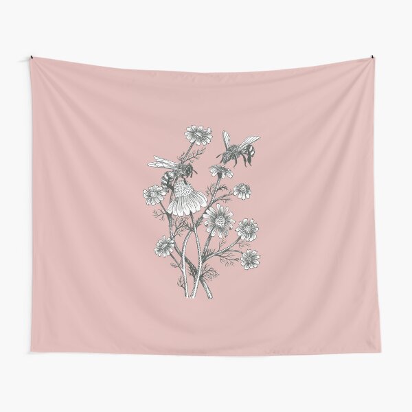 bees and chamomile on dusty pink background Tapestry