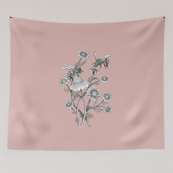 Item preview, bees and chamomile on dusty pink background designed and sold by EllenLambrichts.