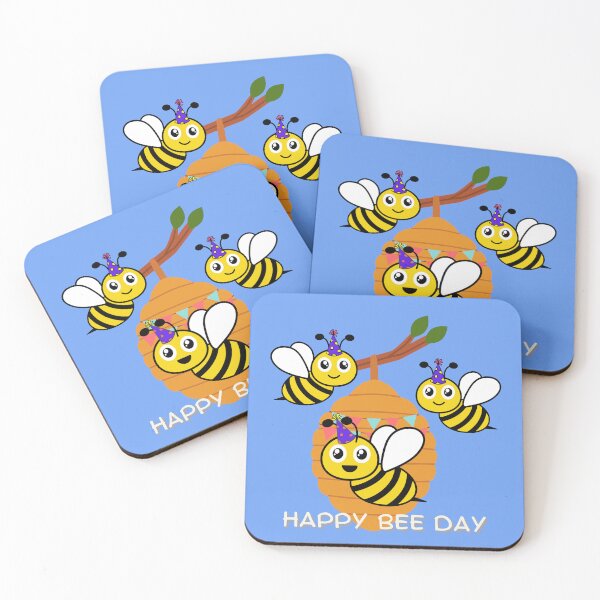 Item preview, "Happy Bee Day" Smiling honeybees in birthday hats designed and sold by Write-to-Rebel.