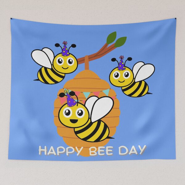 Item preview, "Happy Bee Day" Smiling honeybees in birthday hats designed and sold by Write-to-Rebel.
