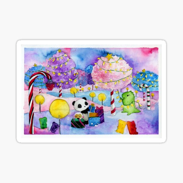 Dino & Panda Watercolour Painting: Candyland Christmas Sticker