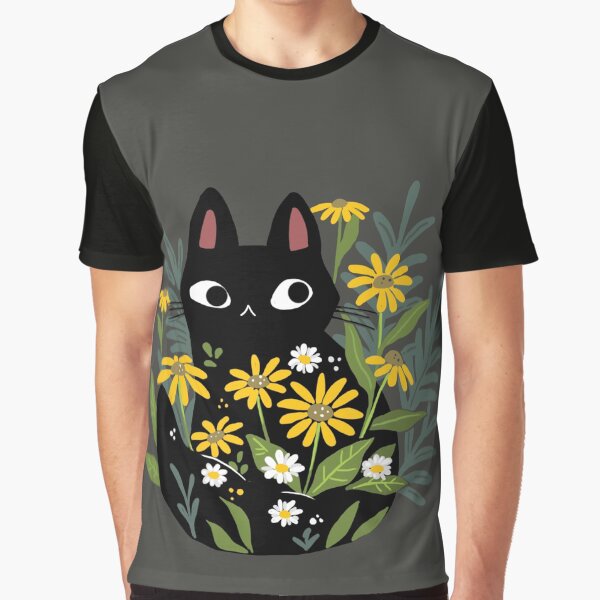 Black cat with flowers Graphic T-Shirt