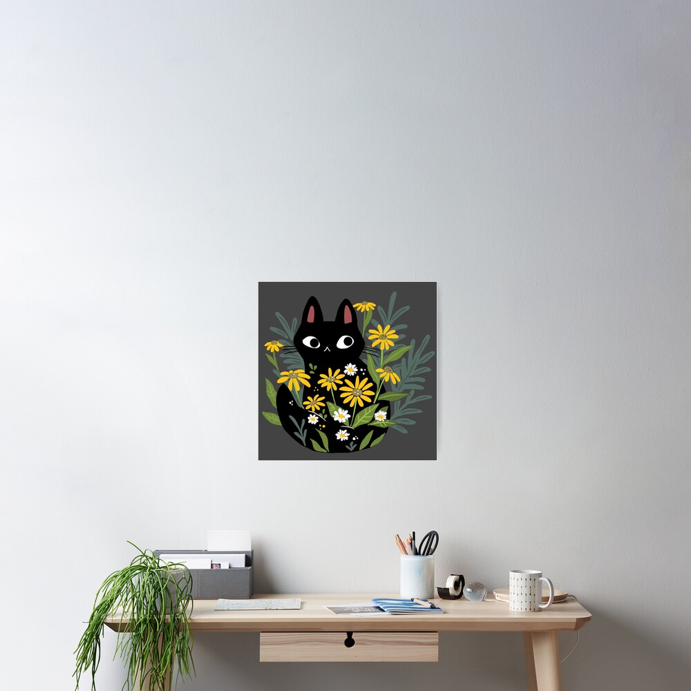Black cat with flowers Poster