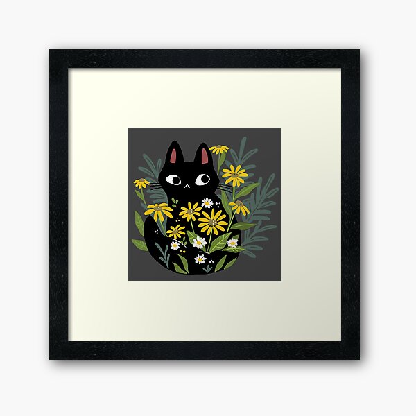 Black cat with flowers Framed Art Print