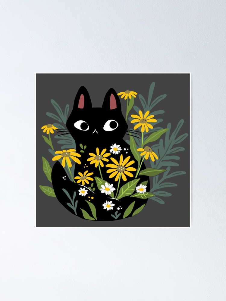 Alternate view of Black cat with flowers Poster