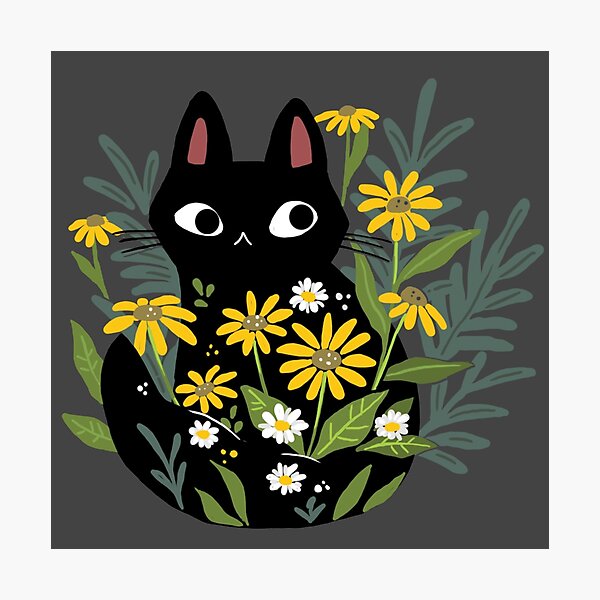 Black cat with flowers Photographic Print