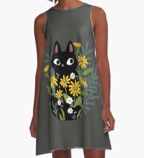 Black cat with flowers A-Line Dress