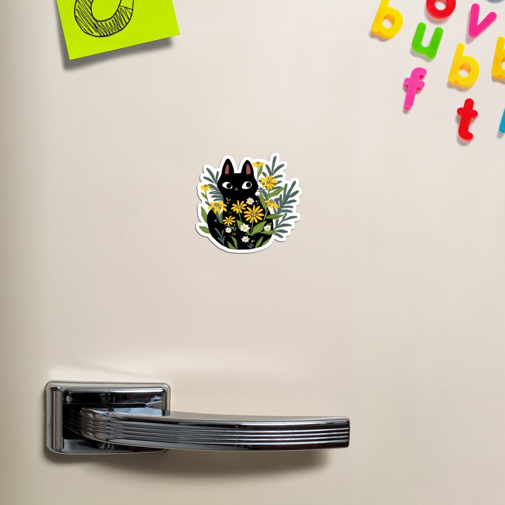 Black cat with flowers Magnet