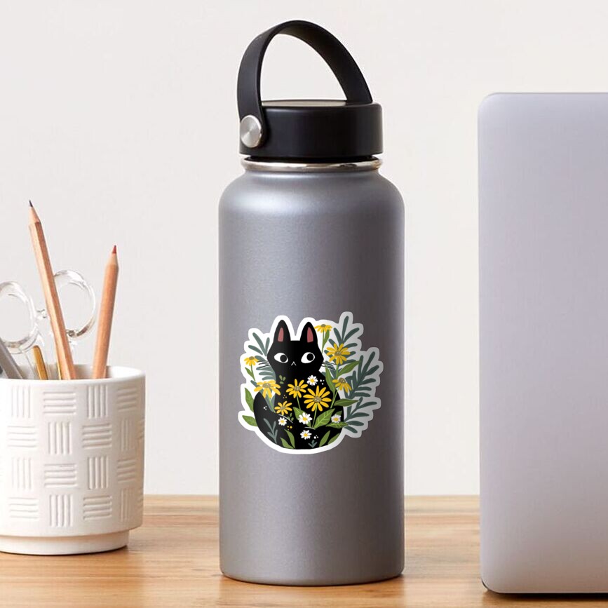 Black cat with flowers Sticker