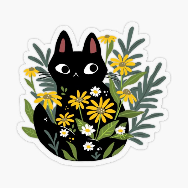 Schwarze Katze mit Blumen Transparenter Sticker