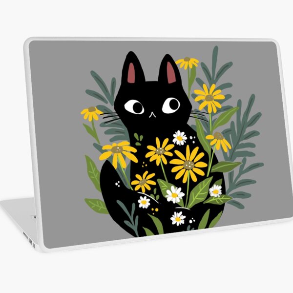 Black cat with flowers Laptop Skin